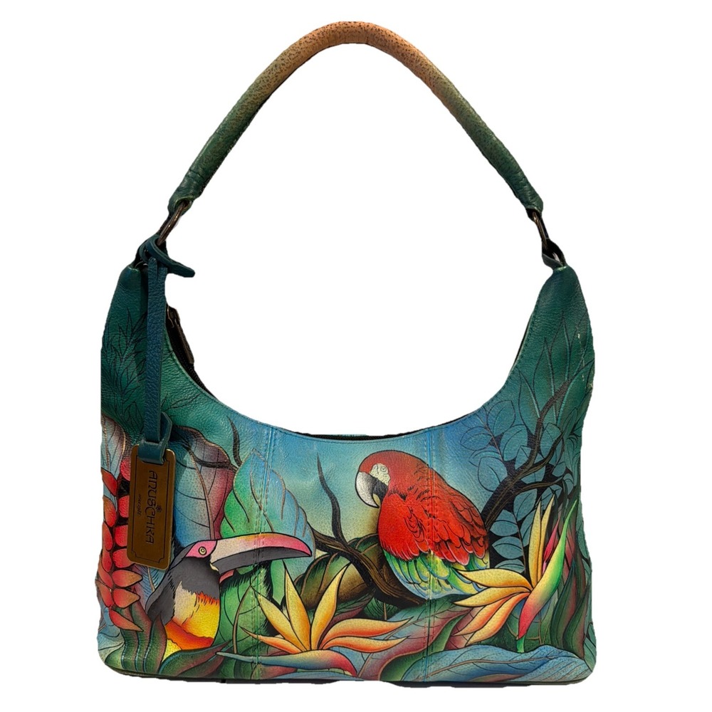 Anuschka Leather Hobo Tropical Bliss Hand Painted Purse Brass Hardware Birds